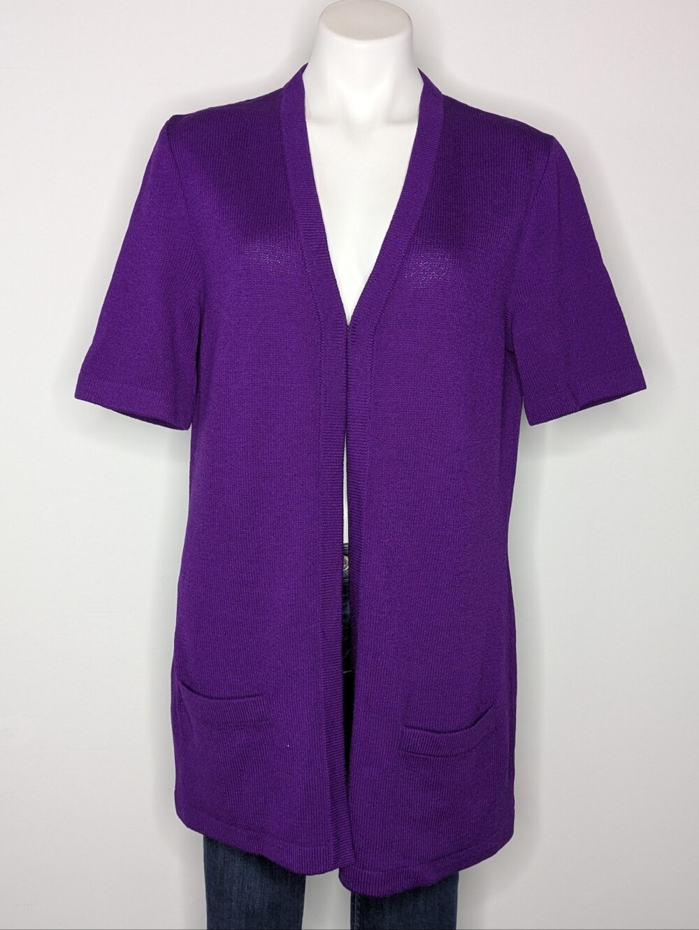 St John Purple Santana Knit V Neck Short Sleeve Cardigan Sweater M
